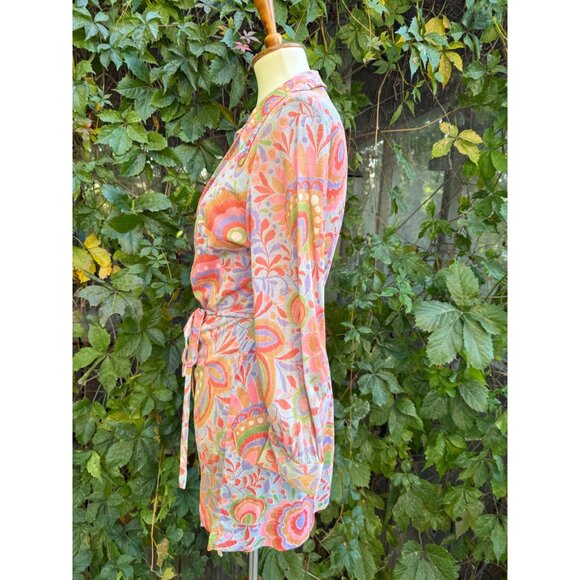 70s Rainbow Floral Psychedelic Tunic Wrap Dress Dagger Collar Volup - Picture 5 of 13